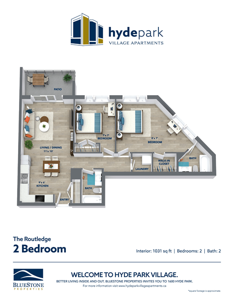 Floor plan for 2 beds, 2 baths, 1031 sqft